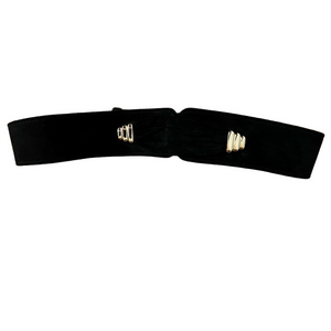 VTG Ginnie Johansen Dallas Black Velvet Leather Waist Belt Gold Accents Retro